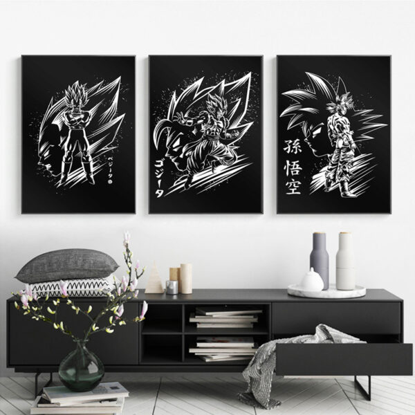3pcs Black White Canvas Paintings Dragon Ball Z Goku Vegeta Vegetto Anime Poster HD Wall Picture for Bedroom Decor No Frame Gift WA07062236