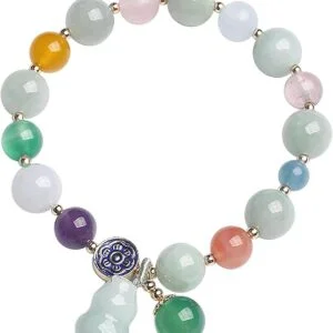 Feng Shui Jade Bracelet Wu Lou Calabash Multi Gem Crystal Wealth Bracelet 7 Chakra Balancing Prosperity Gourd Charm Chalcedony Lotus Bangle Meditation JE06062046