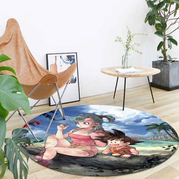 Bulma Sitting on a Tree and Kid Goku at the Beach Blue Graphic DBZ round mat