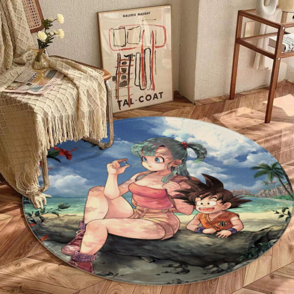 Bulma Sitting on a Tree and Kid Goku at the Beach Blue Graphic DBZ round mat