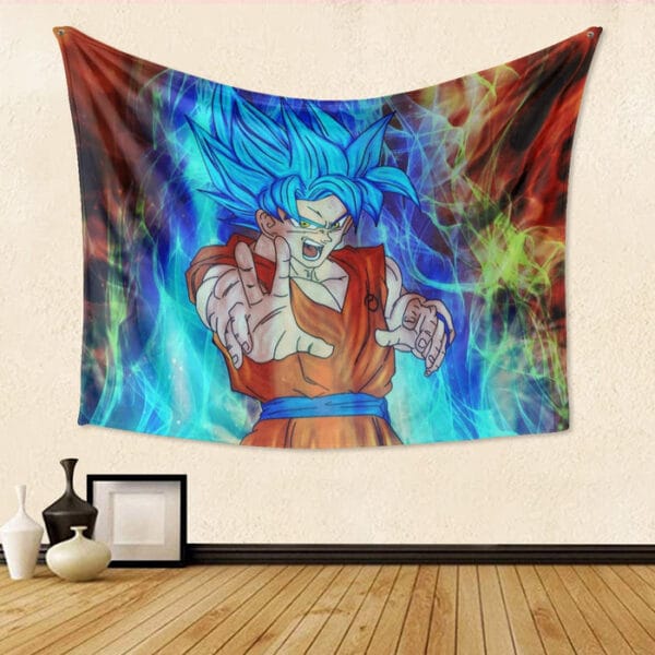 DBZ Goku Super Saiyan God Blue SSGSS Power Aura Fire Theme Design Tapestry