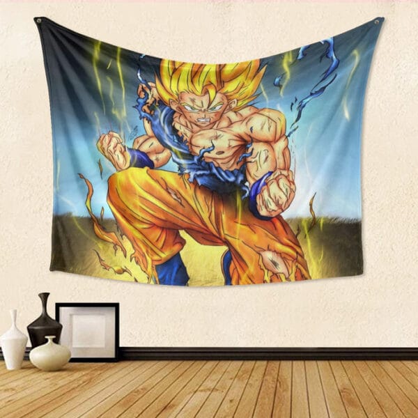 DBZ Goku Super Saiyan Thunder Power Damage Fight Cool Design Tapestry