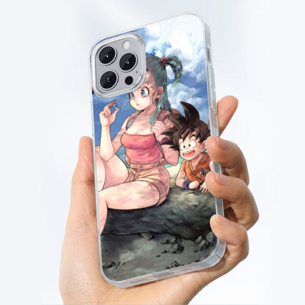 Bulma Sitting on a Tree and Kid Goku at the Beach Blue Graphic DBZ iPhone 14 Case