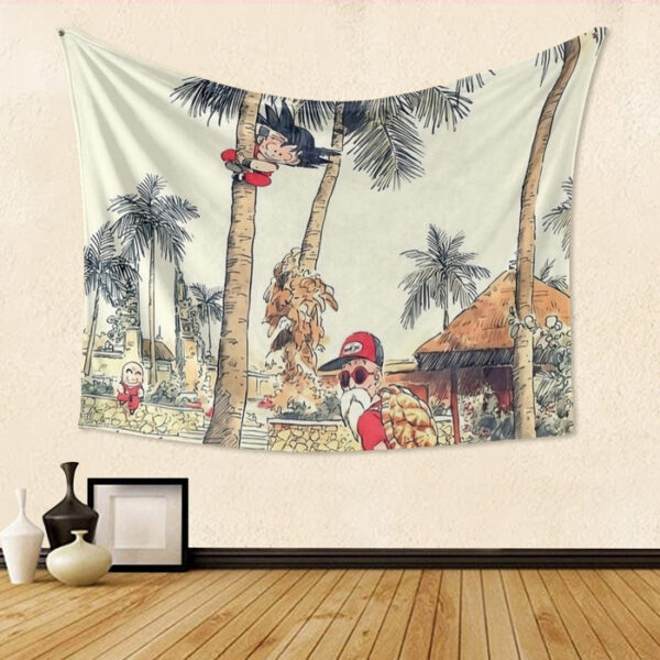 Palm Tree Cute Kid Goku Master Roshi Vintage Beige Tapestry