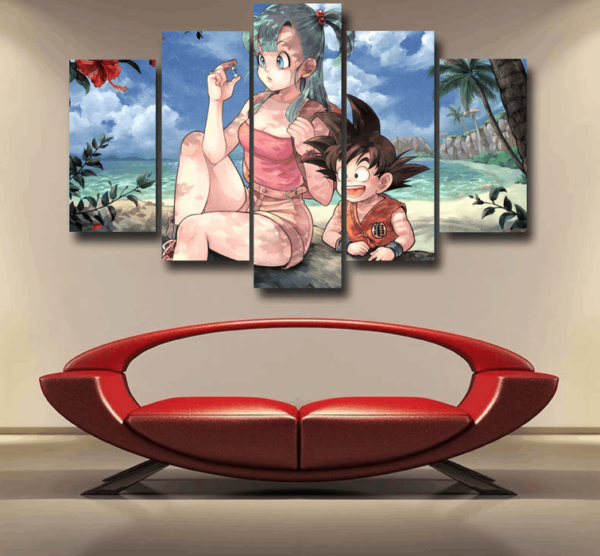 Bulma Sitting on a Tree and Kid Goku at the Beach Blue Graphic DBZ Epic 5pc Canvas